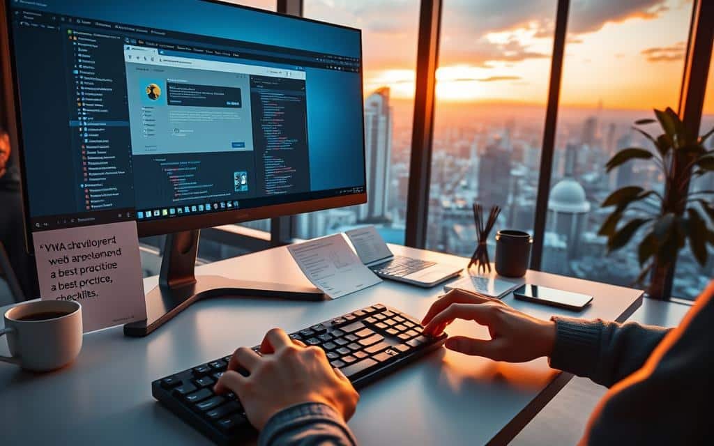 A sleek and modern software development workspace with a large, high-resolution computer monitor displaying a Progressive Web App interface. In the foreground, a developer's hands type on a minimalist mechanical keyboard, with a cup of coffee and an inspirational quote note nearby. In the middle ground, an array of developer tools, libraries, and best practice checklists are neatly organized on a well-lit desk. The background features large windows overlooking a vibrant cityscape, bathed in warm golden-hour lighting. The overall scene conveys a sense of productive focus, innovation, and adherence to cutting-edge PWA development standards.