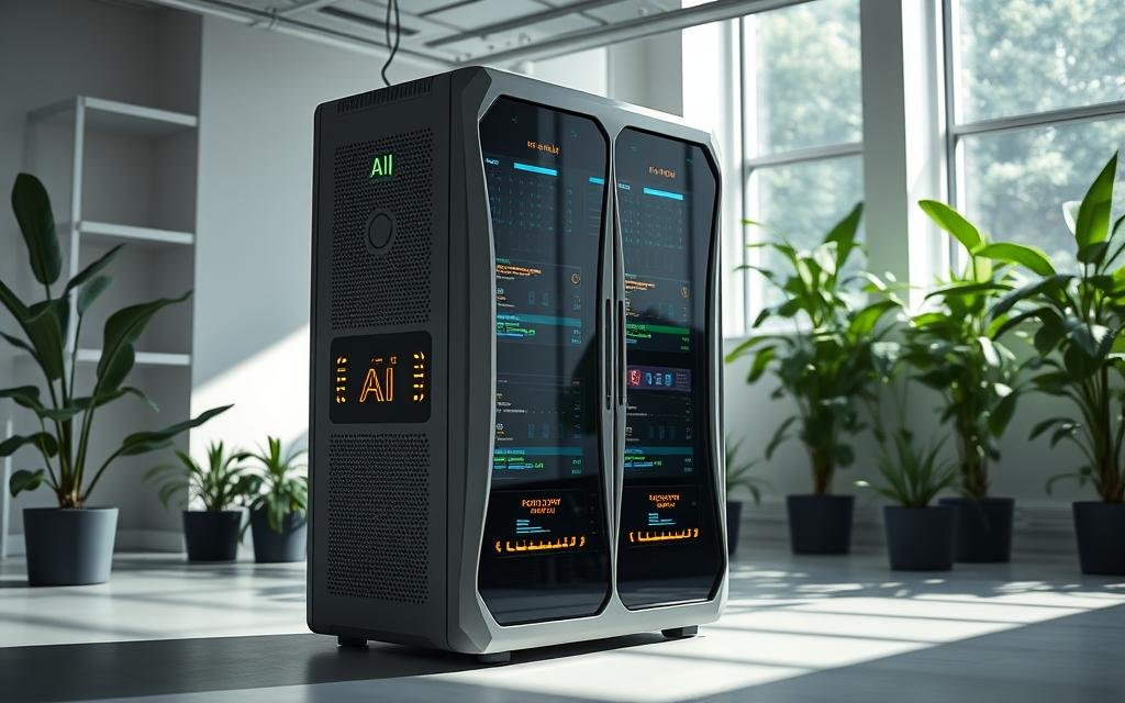 A sleek, energy-efficient AI server rack stands in a well-lit, minimalist research laboratory. Glowing status indicators and holographic displays showcase the system's sustainable performance. In the background, verdant plants and natural light suggest an eco-friendly, biophilic design. The server's chassis features smooth, organic curves and efficient cooling systems, reflecting a harmonious integration of technology and nature. Soft shadows and a muted color palette convey a sense of tranquility and environmental consciousness. Overall, the image communicates the vision of cutting-edge, sustainable AI infrastructure that aligns with the principles of neuromorphic computing.