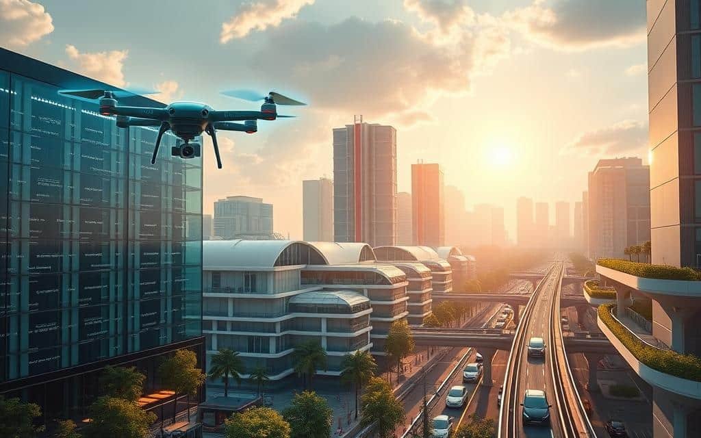 A sleek, futuristic cityscape bathed in a warm, eco-friendly glow. In the foreground, holographic displays showcase innovative data centers powered by renewable energy sources. Hovering AI-controlled drones monitor and optimize energy consumption. In the middle ground, modular smart buildings with adaptive facades blend seamlessly with lush, vertical gardens. The background reveals autonomous electric vehicles silently gliding along elevated, emission-free roadways. An atmosphere of technological harmony and environmental consciousness pervades the scene, a vision of sustainable IT innovations shaping the city of tomorrow.