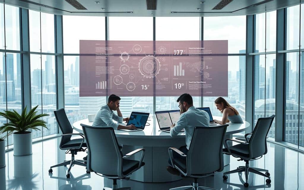 A sleek, futuristic office interior with large floor-to-ceiling windows, allowing natural light to flood the space. In the foreground, a team of web developers collaborating around a curved desk, their faces filled with concentration as they work on their laptops. Behind them, a large holographic display projects complex data visualizations, illustrating the productivity gains achieved through the seamless integration of generative AI tools. The middle ground features ergonomic chairs and minimalist decor, creating a streamlined, efficient atmosphere. In the background, the city skyline is visible, hinting at the broader economic impact of these technological advancements.