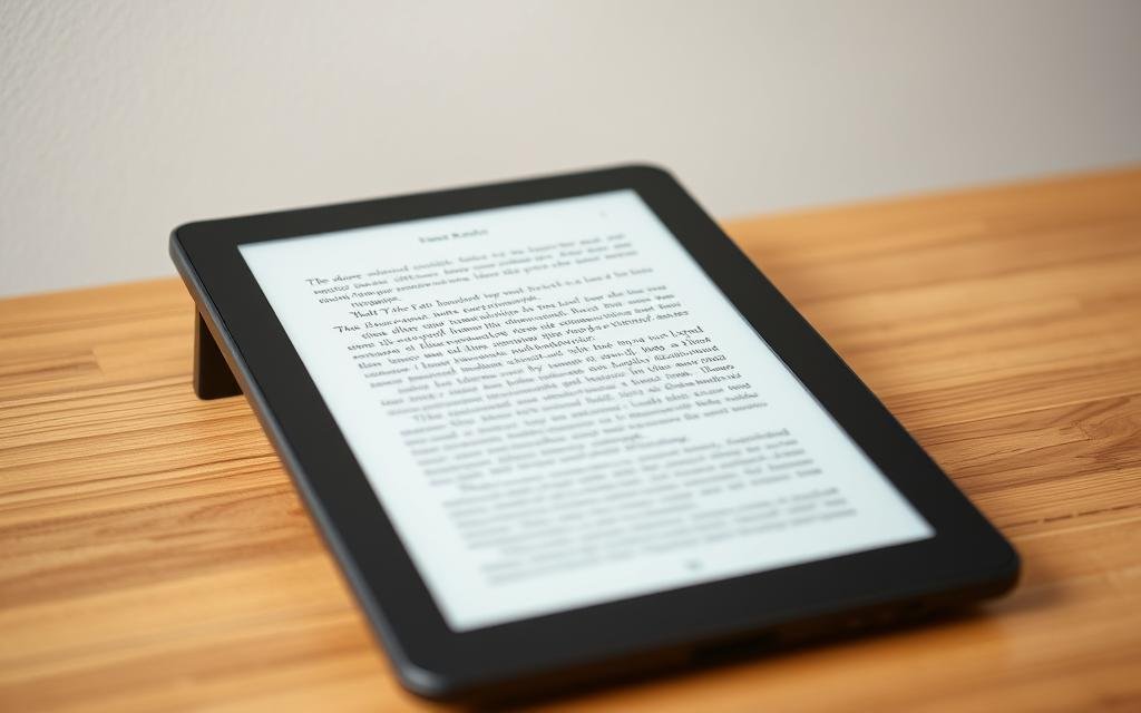 A sleek, modern e-reader device rests on a minimalist wooden table, the matte black frame contrasting against the warm, natural wood grain. The screen displays crisp, clear text, bathed in soft, diffused lighting that creates a cozy, inviting atmosphere. The e-reader's slim profile and clean lines suggest a focus on functionality and portability, while the overall composition conveys a sense of simplicity and ease of use. In the background, a neutral-toned wall provides a calm, uncluttered backdrop, emphasizing the device's central role in the scene.