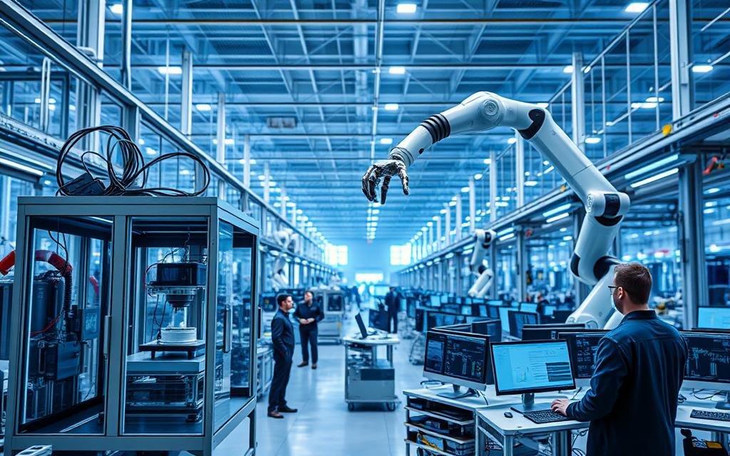 A sleek, modern industrial facility with gleaming metal machinery and robotics systems working in seamless harmony. In the foreground, a team of technicians monitor a 3D printer as it constructs a complex industrial component. Overhead, an advanced robotic arm precisely manipulates parts with lightning speed and efficiency. In the middle ground, rows of computer terminals display real-time data analytics and process optimization algorithms. The background reveals a vast, high-ceilinged production space bathed in cool, blue-tinted lighting, creating an atmosphere of advanced, AI-driven manufacturing. The scene conveys a sense of technological sophistication, precision, and the future of smart, automated industrial production.