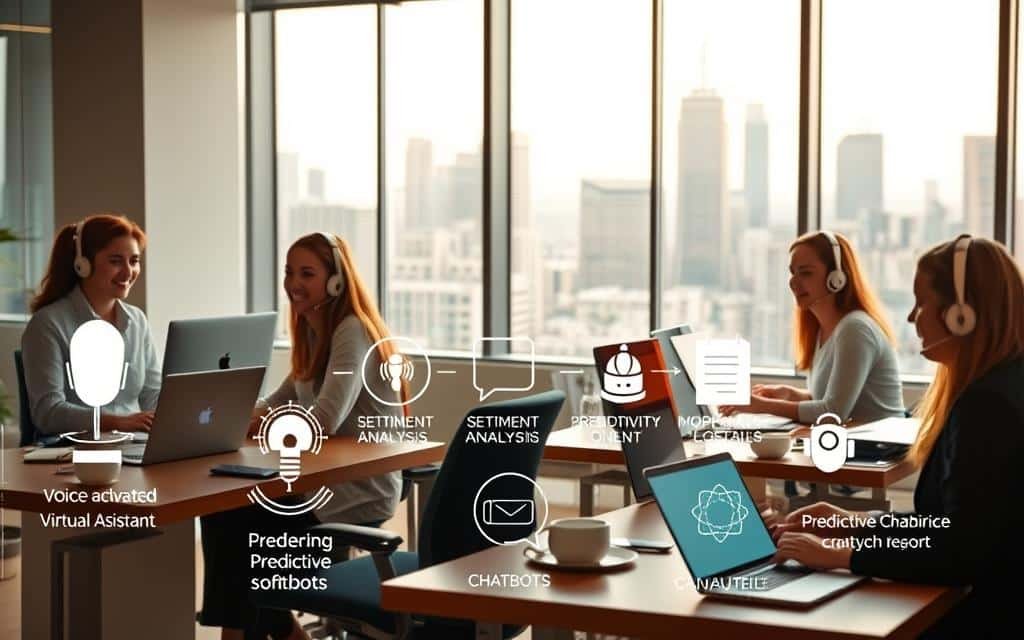A sleek, modern office interior with a warm, minimalist aesthetic. In the foreground, a team of friendly, professional customer service representatives sit at their desks, engaged in friendly conversations with customers via headsets and laptops. The middle ground showcases an array of cutting-edge AI-powered customer service tools, including a voice-activated virtual assistant, sentiment analysis software, and predictive chatbots. The background features large windows overlooking a bustling city skyline, bathed in soft, natural light. The overall scene conveys efficiency, empathy, and the seamless integration of human and AI-driven customer support.