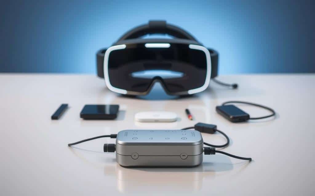 A sleek, modern tabletop arrangement showcasing cutting-edge tDCS and CES devices for cognitive enhancement. In the foreground, a minimalist tDCS device with adjustable electrodes sits atop a clean, metallic surface. Behind it, a state-of-the-art CES headset emits a soft, ambient glow, its futuristic design hinting at its advanced neurological capabilities. The middle ground features additional accessories like electrode pads and cables, all meticulously arranged for a high-tech, yet streamlined aesthetic. The background is bathed in a cool, bluish light, creating a serene, cerebral atmosphere perfect for focused work and mental optimization. The scene exudes a sense of innovation and the transformative potential of these cognitive enhancement tools.