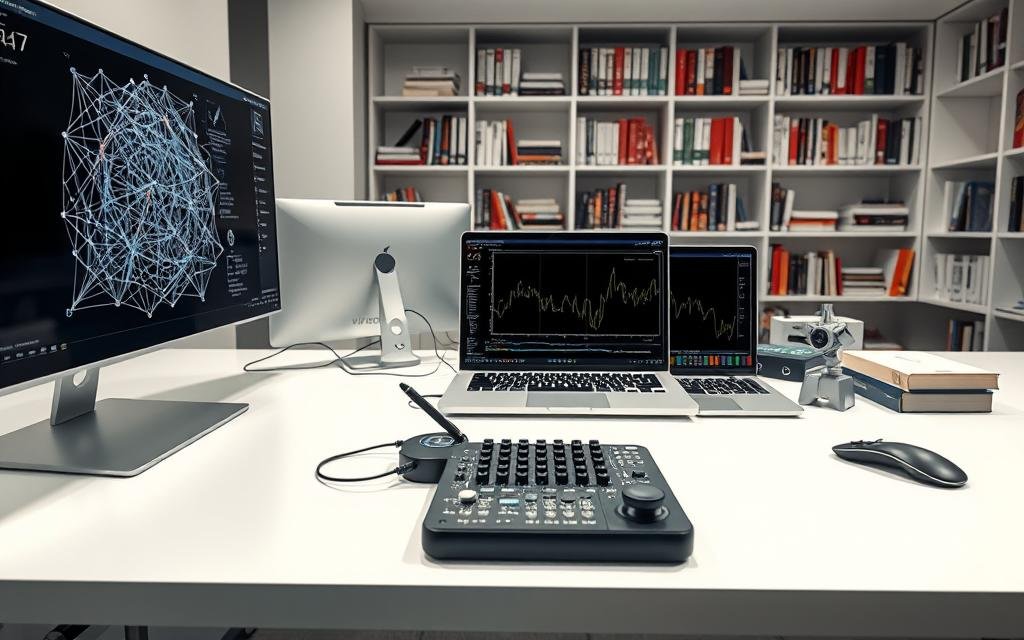 A sleek, modern workspace filled with an array of software tools for neural network development. In the foreground, a high-resolution display shows complex neural network architectures, their intricate layers and connections. Nearby, a state-of-the-art laptop runs optimization algorithms, its screen displaying loss curves and performance metrics. In the middle ground, various input devices such as a stylus and a specialized control interface sit atop a minimalist desk, ready for hands-on experimentation. The background reveals shelves stocked with reference books on machine learning and deep learning, conveying an atmosphere of intellectual rigor and technological prowess. Soft, diffused lighting creates a contemplative mood, while the overall composition suggests the seamless integration of hardware, software, and human ingenuity in the pursuit of neuromorphic computing breakthroughs.
