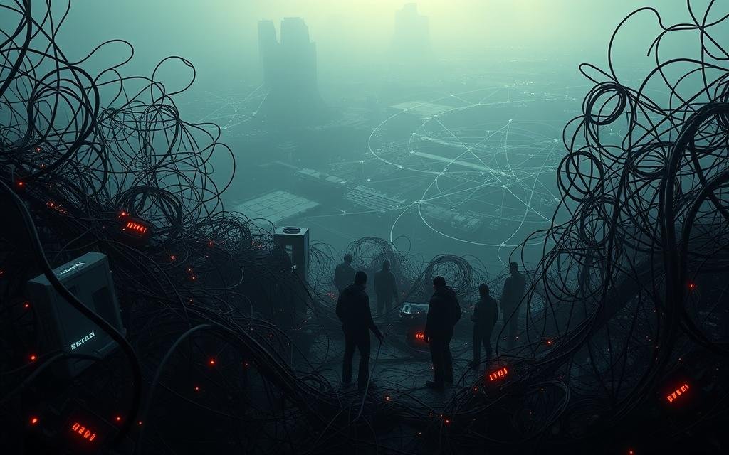 A sprawling, decentralized network of nodes and connections, with a sense of fragility and complexity. In the foreground, tangled cables and glowing interfaces represent the technical challenges - interoperability, scalability, and security. In the middle ground, silhouetted figures struggle to navigate the labyrinth, symbolizing the human challenges of trust, identity, and community building. The background is hazy, with glimpses of a vast, interconnected world, hinting at the promise and the peril of decentralized platforms. Dramatic shadows and highlights create a moody, evocative atmosphere, conveying the high stakes and the precarious balance of this emerging technological landscape.