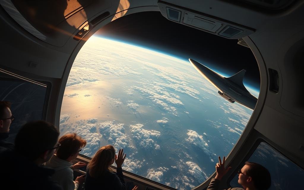 a sprawling expanse of the upper atmosphere, where the curvature of the earth comes into view. a sleek, futuristic spacecraft ascends gracefully, its aerodynamic silhouette reflecting the sunlight. inside, tourists gaze in awe at the vast, inky blackness of space and the stunning vistas of our planet below. the cabin is bathed in a warm, diffused lighting, creating an atmosphere of wonder and excitement. the scene is captured with a wide-angle lens, emphasizing the scale and grandeur of the suborbital experience. an ethereal, dreamlike quality pervades the image, hinting at the profound, transformative nature of this new era of consumer space exploration.