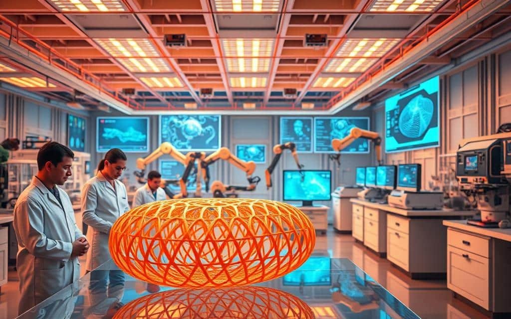 A sprawling futuristic laboratory, bathed in a warm glow from overhead LED panels. In the foreground, a team of scientists in crisp white lab coats examine a 3D-printed prototype, its intricate lattice structure reflecting the lab's ambient lighting. In the middle ground, robotic arms deftly assemble advanced composite materials, while in the background, holographic displays showcase molecular simulations and experimental data. The scene conveys a sense of cutting-edge innovation, the kind that will shape the future of 3D printing technology.