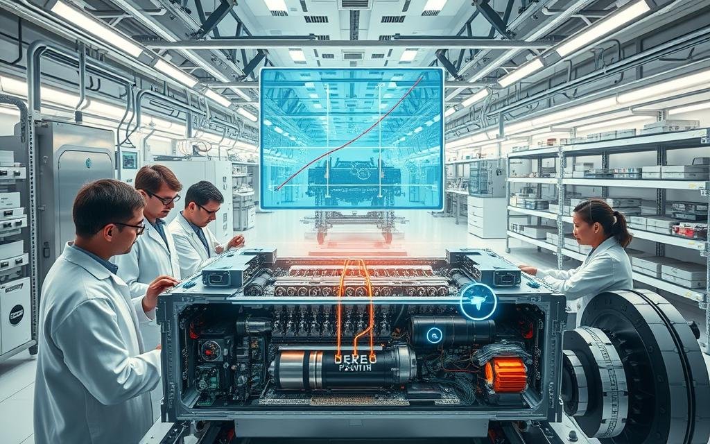 A sprawling futuristic laboratory filled with state-of-the-art equipment and gleaming metal apparatuses. In the foreground, a team of researchers in white lab coats carefully examines the inner workings of a sleek, next-generation electric vehicle battery, its intricate circuitry and electrochemical cells illuminated by soft, diffused lighting. In the middle ground, a holographic display projects intricate molecular models and performance graphs, while in the background, rows of shelves hold various prototypes and experimentation setups. The atmosphere is one of intense scientific inquiry and the thrill of discovery, as the researchers strive to push the boundaries of battery technology and unlock new frontiers in electric mobility.