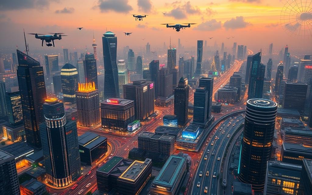 A sprawling metropolis of gleaming skyscrapers and bustling streets, illuminated by the warm glow of futuristic technologies. In the foreground, a network of autonomous vehicles glide effortlessly along intelligent roadways, connected to a centralized traffic control system. Overhead, drones and flying cars soar through the air, while smart lampposts and sensors line the streets, monitoring and optimizing urban infrastructure. In the background, towering data centers and research facilities hum with the processing power needed to power this digital ecosystem, as citizens interact with holographic interfaces and access a myriad of smart city services on their mobile devices. A vibrant, efficient, and sustainable urban landscape, powered by the integration of cutting-edge technologies.