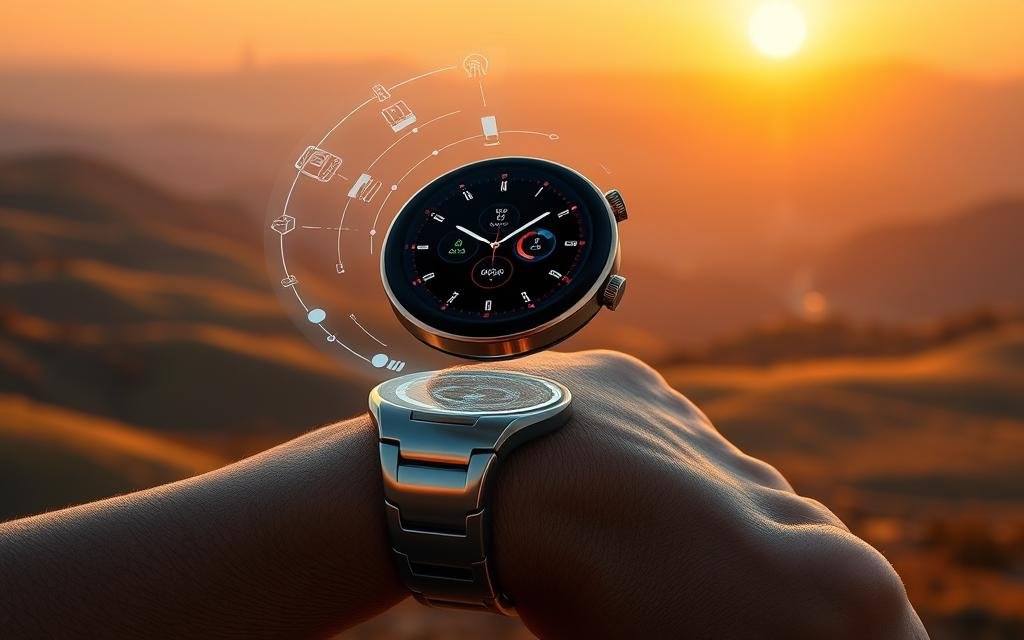 a state-of-the-art smartwatch with holographic health sensors hovers above a sleek, futuristic wrist strap. the watch face displays real-time biometric data, powered by advanced space-age technologies. in the background, a panoramic landscape of rolling hills and a distant city skyline is bathed in warm, diffused lighting, creating a serene, modern atmosphere. the entire scene is rendered with a sharp, detailed aesthetic, showcasing the seamless integration of space-derived innovations into the consumer health and wearables market.