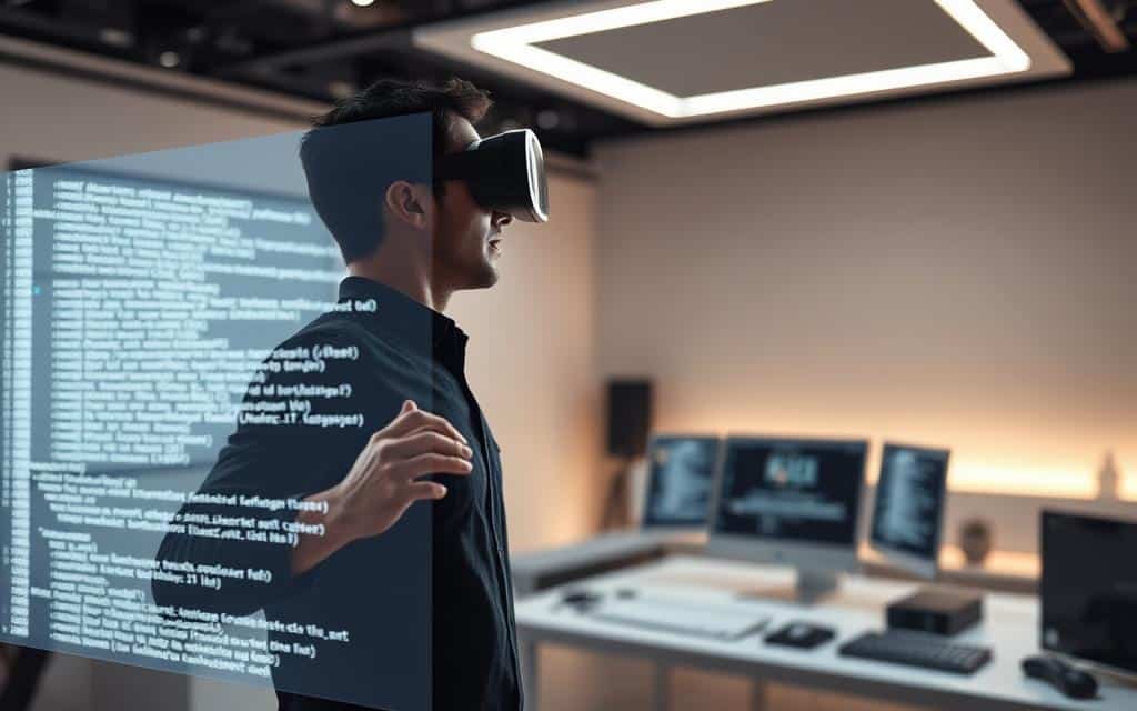 A stunning, high-resolution 3D render of a futuristic software development environment, showcasing the power of natural language code generation. In the foreground, a holographic display projects lines of dynamically generated code, responsive to voice commands and natural language input. In the middle ground, a developer wearing an augmented reality headset interacts with the system, guiding the code generation process through fluid gestures and conversational prompts. The background depicts a sleek, minimalist workspace filled with advanced computing devices and ambient lighting, creating an atmosphere of cutting-edge innovation and technological progress.
