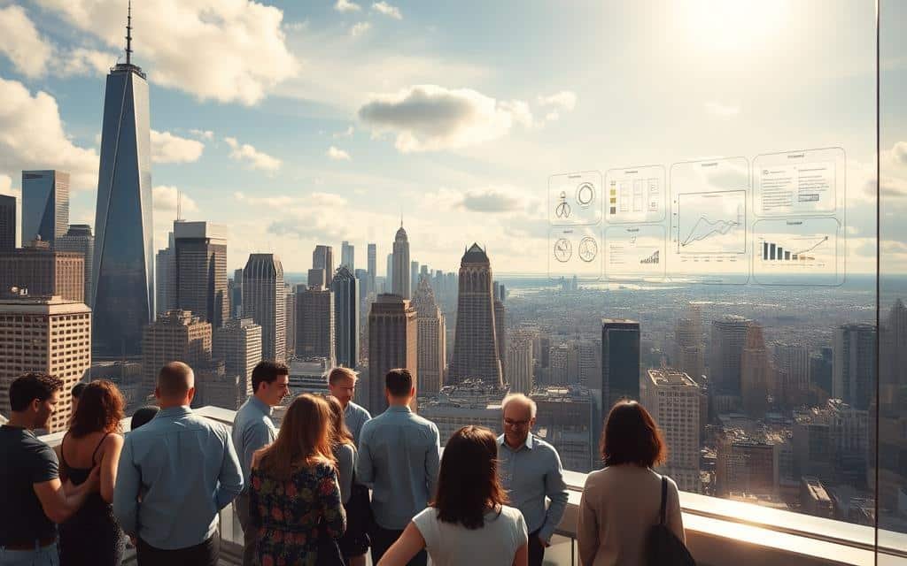 A sunlit cityscape with towering skyscrapers and bustling streets. In the foreground, a group of diverse individuals engaged in lively discussions, representing the collaborative nature of open-source development. In the middle ground, a transparent window displays layered diagrams and charts, illustrating the benefits and challenges of open-source projects. The background features a vast, cloud-filled sky, symbolizing the boundless potential and global reach of open-source technology. The scene is captured with a wide-angle lens, creating a sense of depth and emphasizing the interconnectedness of the various elements. The lighting is warm and natural, casting a soft glow across the scene and conveying a sense of optimism and progress.