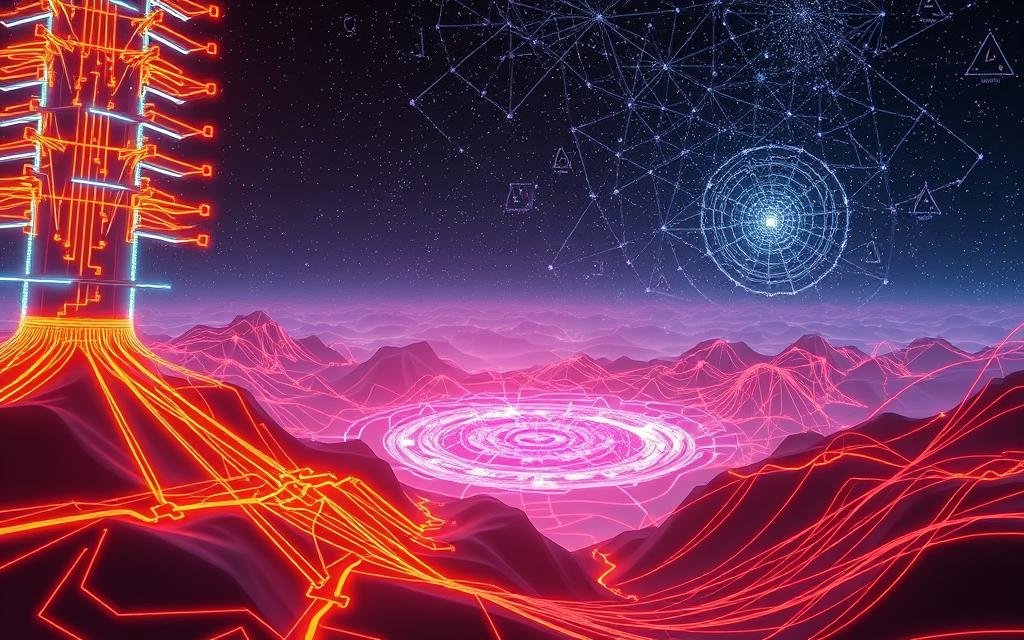 A surreal landscape of quantum circuits and machine learning algorithms. In the foreground, a towering neural network architecture made of glowing neon lines, its layers intertwined with quantum gates and qubits. In the middle ground, a swirling vortex of data visualizations and optimization landscapes, colors shifting and morphing as the calculations unfold. In the distant background, a starry night sky filled with the ghostly outlines of mathematical symbols and equations, hinting at the deeper theoretical foundations of this intriguing fusion of quantum and classical computing. The scene is bathed in a soft, ethereal light, creating an atmosphere of technological wonder and scientific discovery.