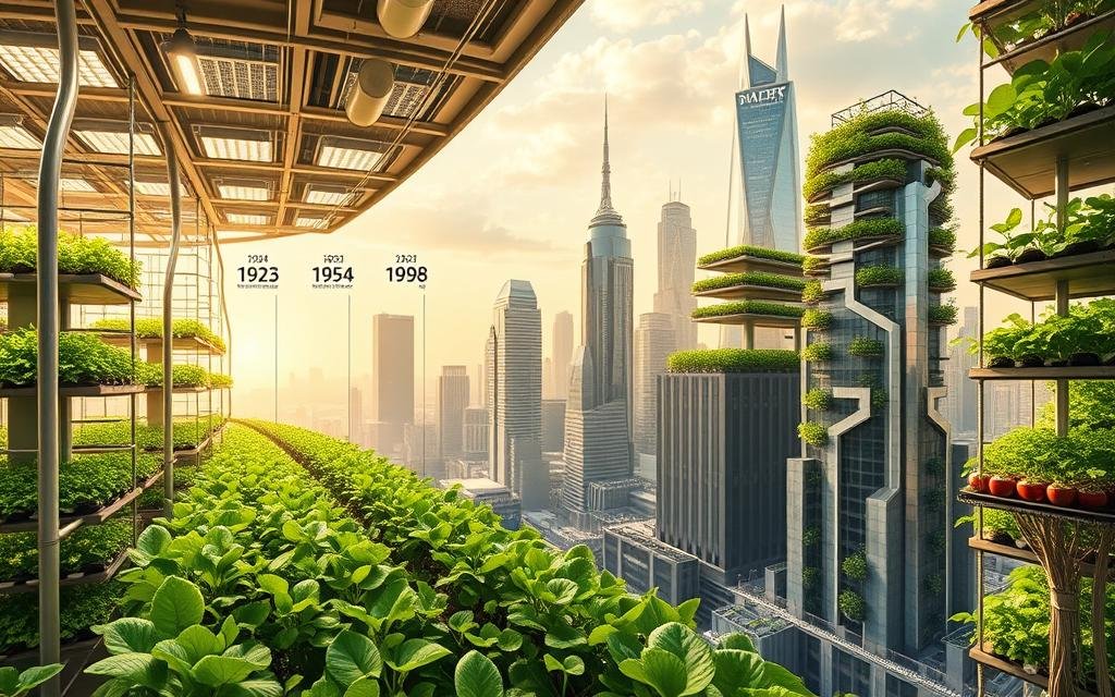 A sweeping panorama of the history of vertical farming, showcasing its evolution from modest beginnings to a visionary future. In the foreground, a lush indoor garden with towering hydroponic racks, LED lighting, and automated systems. In the middle ground, a timeline of key innovations - from the pioneering experiments of the 1950s to the high-tech vertical farms of today. The background depicts a futuristic cityscape, with skyscrapers adorned with verdant rooftop gardens and gleaming agricultural towers reaching towards the sky. The scene is bathed in a warm, optimistic glow, hinting at the promise of sustainable urban agriculture to feed the world's growing population.