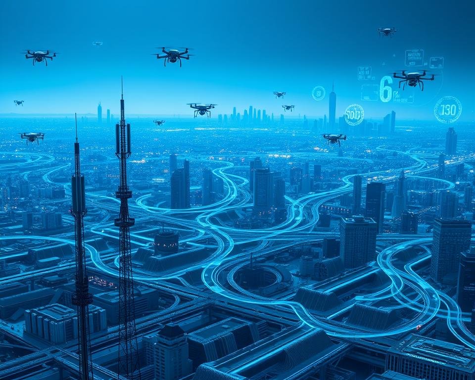 A vast, complex cityscape stretches out, dotted with towering structures and futuristic technology. In the foreground, sleek 5G and 6G cell towers stand as sentinels, their antennas reaching skyward. Undulating fields of fiber optic cables crisscross the ground, connecting the infrastructure. Overhead, drones and autonomous vehicles weave through the airspace, while holographic displays flicker with data and information. The scene is bathed in a cool, neon-tinged lighting, creating an atmosphere of technological innovation and futuristic vision. In the distance, the silhouettes of skyscrapers and data centers loom, hinting at the scale and complexity of the 6G ecosystem. This image conveys the challenges of building a robust, interconnected 6G infrastructure that can support the ever-growing demands of the digital age. Prompt
