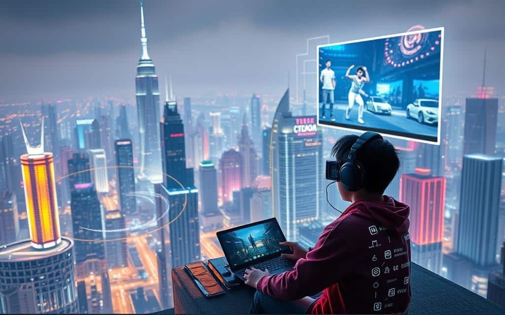 A vast, futuristic cityscape stretches out, its towering skyscrapers and neon-lit streets bathed in a captivating 5G glow. At the center, a young gamer sits engrossed in a virtual world, their eyes fixed on a sleek, high-resolution display. Swirling data streams and holographic elements surround them, reflecting the lightning-fast connectivity and low latency of the 5G network. In the background, a larger-than-life video stream flickers to life, showcasing the crisp, vibrant visuals and seamless performance enabled by the 5G revolution. The scene radiates a sense of technological wonder and the transformative potential of 5G in redefining the future of video streaming and gaming.