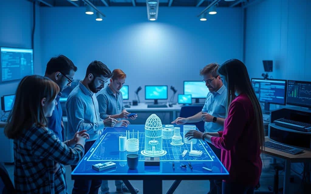 A vibrant, collaborative design automation scene. In the foreground, a team of designers and engineers gathered around a holographic display, meticulously crafting 3D models and interactive prototypes. Ambient blue-hued lighting casts a futuristic glow, while in the middle ground, nested algorithms and generative processes churn out dynamic design iterations. The background features a sleek, minimalist workspace, with screens and instruments echoing the collaborative nature of the scene. The overall mood is one of technological innovation, creativity, and a seamless fusion of human and machine intelligence.