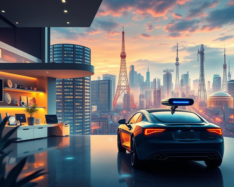 A vibrant, detailed digital illustration depicting the benefits and challenges of IoT adoption. In the foreground, a sleek smart home filled with connected devices, from an intelligent thermostat to a voice-controlled lighting system. The middle ground showcases a driverless car navigating through a bustling city skyline, reflecting the promise of improved transportation and efficiency. In the background, towering data centers and communication towers represent the infrastructure powering the IoT ecosystem. The image conveys a sense of technological progress, tempered by cybersecurity concerns and privacy issues swirling around the connected world. Rendered in a realistic, cinematic style with dramatic lighting and depth of field.