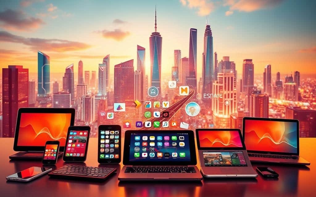 a vibrant, dynamic scene showcasing the benefits of cross-platform mobile app development. in the foreground, a diverse group of devices - smartphones, tablets, and laptops - seamlessly interacting with a central application, highlighting the seamless experience across platforms. in the middle ground, a colorful array of app icons and user interface elements, reflecting the write-once, run-anywhere nature of the codebase. in the background, a futuristic cityscape with towering skyscrapers, pulsing with the energy of a connected world, symbolizing the scalability and adaptability of cross-platform solutions. warm, diffuse lighting creates a sense of harmony and integration, while a wide-angle lens captures the expansive scope of cross-platform app advantages.