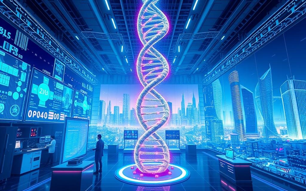 A vibrant, futuristic scene depicting the DNA data storage revolution. In the foreground, a towering DNA helix structure stands as the centerpiece, its intricate strands pulsing with a captivating digital energy. Surrounding it, a vast array of holographic displays and screens showcase the extraordinary data storage capacity of this revolutionary technology. The middle ground features a sleek, minimalist laboratory setting, with scientists in futuristic attire meticulously handling DNA samples and analyzing data. In the background, a sweeping cityscape of gleaming skyscrapers and advanced infrastructure illustrates the widespread integration of this groundbreaking innovation. The entire scene is bathed in a cool, neon-infused lighting, conveying a sense of cutting-edge innovation and the transformative potential of DNA data storage.