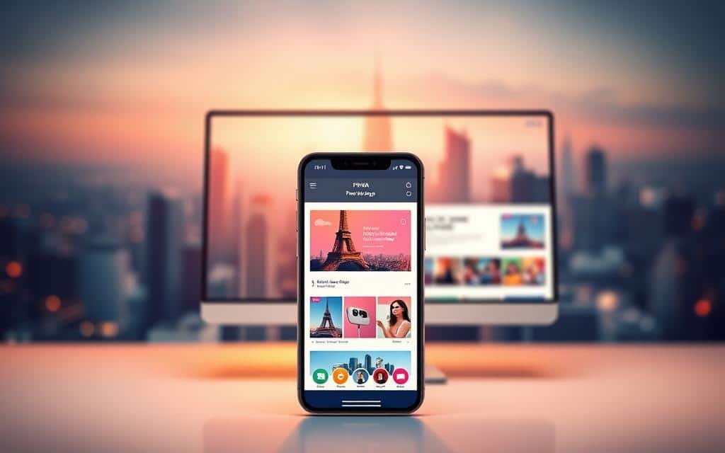 A vibrant, seamless blending of web and mobile platforms, showcasing the integration of progressive web apps. In the foreground, a responsive mobile device displays a visually engaging PWA interface, its intuitive design bridging the gap between web and native experiences. In the middle ground, a desktop computer screen reflects the same PWA content, seamlessly synchronized across devices. The background depicts a futuristic cityscape, symbolizing the ubiquity of cross-platform connectivity. Soft, warm lighting casts a harmonious glow, conveying a sense of fluidity and cohesion. Crisp, high-resolution details and a cohesive, minimalist aesthetic capture the elegance of PWA technology.