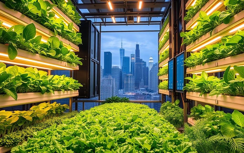A vibrant vertical farm showcasing the benefits of sustainable agriculture. In the foreground, lush greenery of leafy vegetables and herbs thrive in neatly stacked hydroponic trays, illuminated by warm LED lighting. The middle ground features modern, high-tech growing systems with digital displays and control panels, demonstrating the precision and efficiency of vertical farming. In the background, a city skyline serves as a reminder of the space-saving advantages, with the vertical farm nestled between towering buildings. The scene exudes a sense of harmony between nature and technology, conveying the promise of a future where urban centers can feed themselves sustainably.