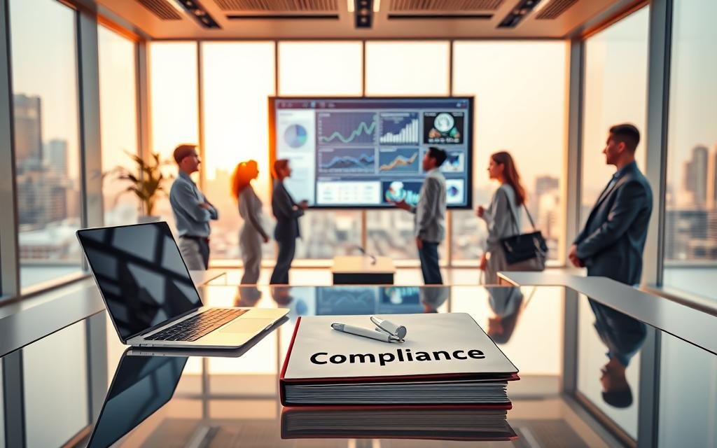 A well-lit, high-resolution 3D render of a sleek, modern office interior. In the foreground, a transparent glass table holds a laptop, tablet, and folder labeled "AI Compliance". In the middle ground, a team of diverse business professionals engaged in a meeting, discussing analytics and regulations displayed on a large screen. The background features floor-to-ceiling windows overlooking a cityscape, bathed in warm, natural lighting that accentuates the clean, minimalist design. The overall mood conveys a sense of professionalism, technology, and rigorous governance surrounding the implementation of AI systems.