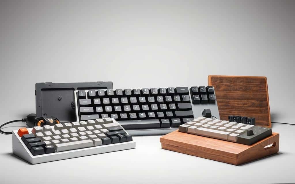 A well-lit still life arrangement featuring an assortment of mechanical keyboard cases made from various materials, including sleek aluminum, textured polycarbonate, and rugged wood. The pieces are arranged in a clean, minimalist composition, allowing the unique textures and colors of each material to shine. Soft diffused lighting from above creates subtle shadows, highlighting the depth and construction details of the cases. The overall scene conveys a sense of precision, quality, and the customizable nature of mechanical keyboards.