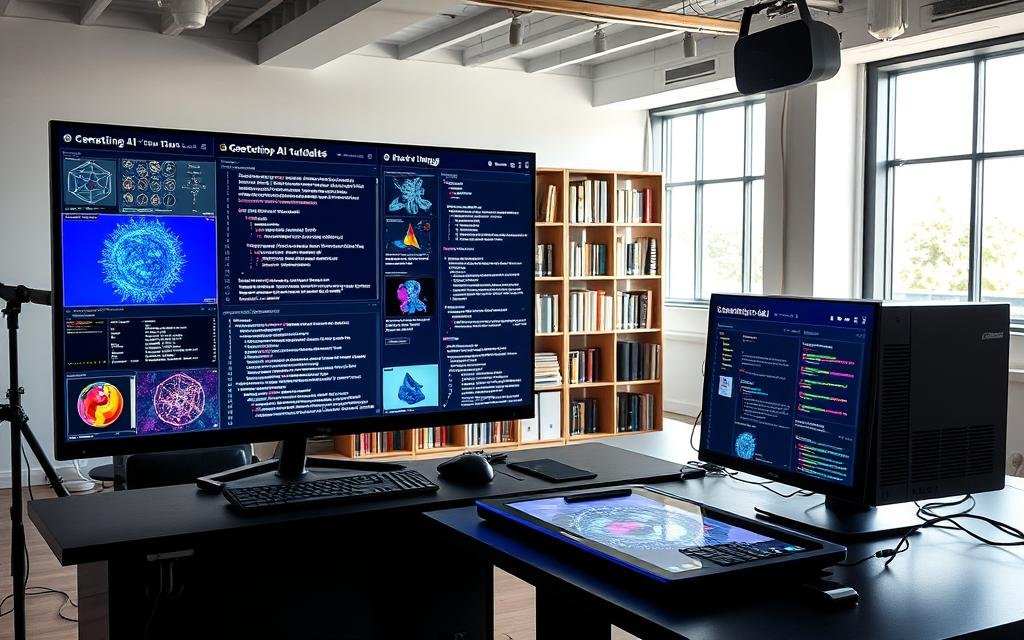 A well-lit studio setting with a large LED screen displaying a variety of generative AI tutorials and code examples. In the foreground, a desk with a powerful desktop computer, a keyboard, and a stylus-equipped digital drawing tablet. On the screen, interactive visualizations and step-by-step guides showcase the capabilities of generative AI models, such as text-to-image, image-to-image, and latent space manipulation. The middle ground features a bookshelf filled with programming and machine learning resources, while the background depicts a modern, minimalist office environment with large windows letting in natural light. The overall atmosphere is one of creativity, learning, and exploration of the latest advancements in artificial intelligence.