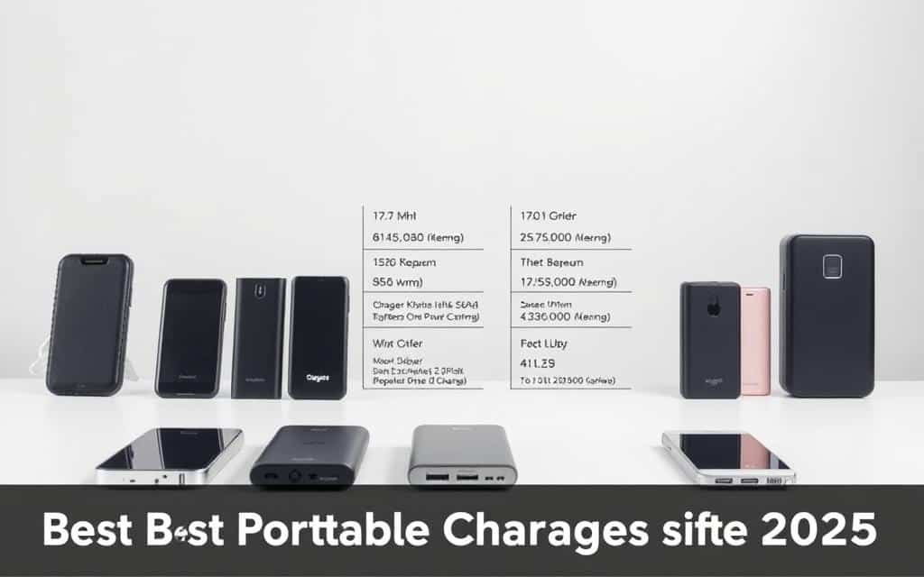 A well-lit, studio-style image of a selection of power banks arranged on a clean, minimalist white surface. The power banks are presented in the foreground, showcasing their various features and designs. The middle ground includes technical specifications and metrics for each power bank, presented in a clear, organized manner. The background features a soft, blurred gradient that creates a sense of depth and focus on the main subject. The overall atmosphere is professional, informative, and visually appealing, reflecting the topic of selecting the best portable chargers for 2025.
