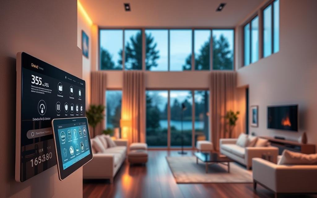 An immaculate smart home interior, bathed in warm, ambient lighting. The foreground features a sleek, minimalist control panel with holographic interfaces and seamlessly integrated voice commands. In the middle ground, various smart home devices - automated lighting, climate control, security cameras, and entertainment systems - blend harmoniously into the modern, open-concept layout. The background showcases large, panoramic windows offering a serene, nature-inspired view, connecting the smart home technology with its natural surroundings. The overall atmosphere conveys a sense of effortless convenience, efficiency, and harmonious human-technology integration.