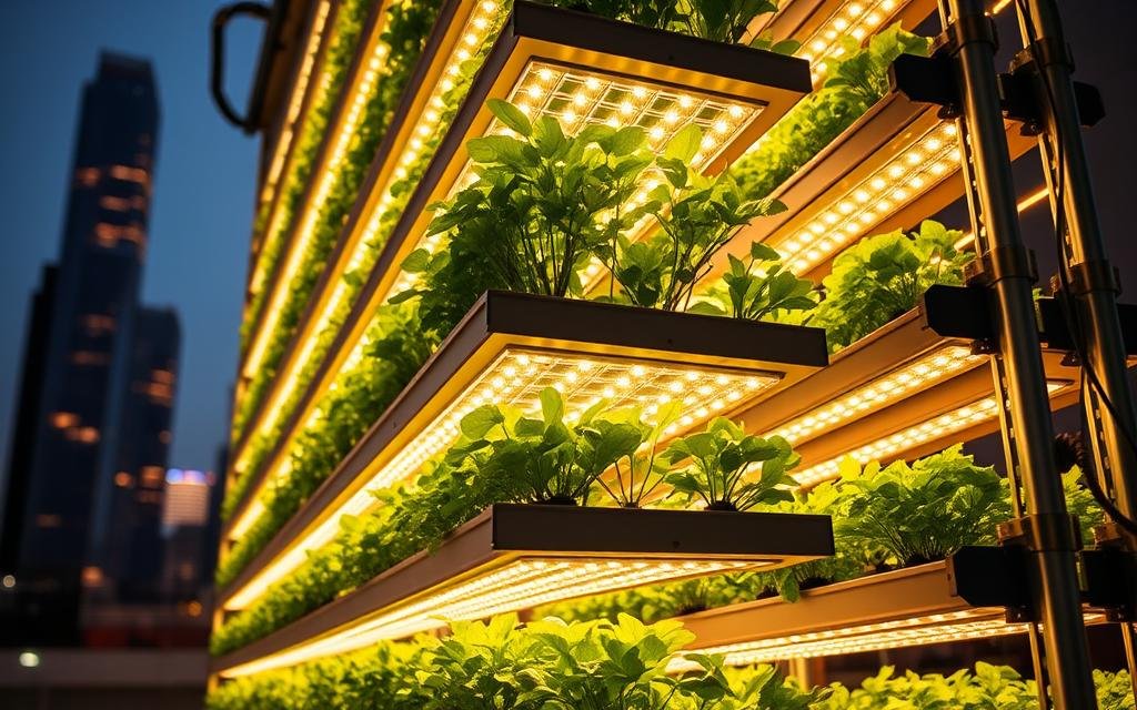 An impressive vertical farming system with multiple levels of hydroponic trays, illuminated by warm, natural-looking LED lighting that casts a soft glow across the lush, verdant vegetation. The setup is depicted from a low angle, showcasing the sleek, modular design and the efficient use of vertical space. In the background, a partially blurred cityscape suggests the urban environment in which this sustainable farming solution is integrated. The overall scene conveys a sense of technological innovation and environmental consciousness, perfectly capturing the essence of "How Does Vertical Farming Work?"