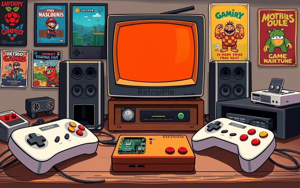 Create an image of a RetroPie gaming setup with a Raspberry Pi, controllers, and a TV display.