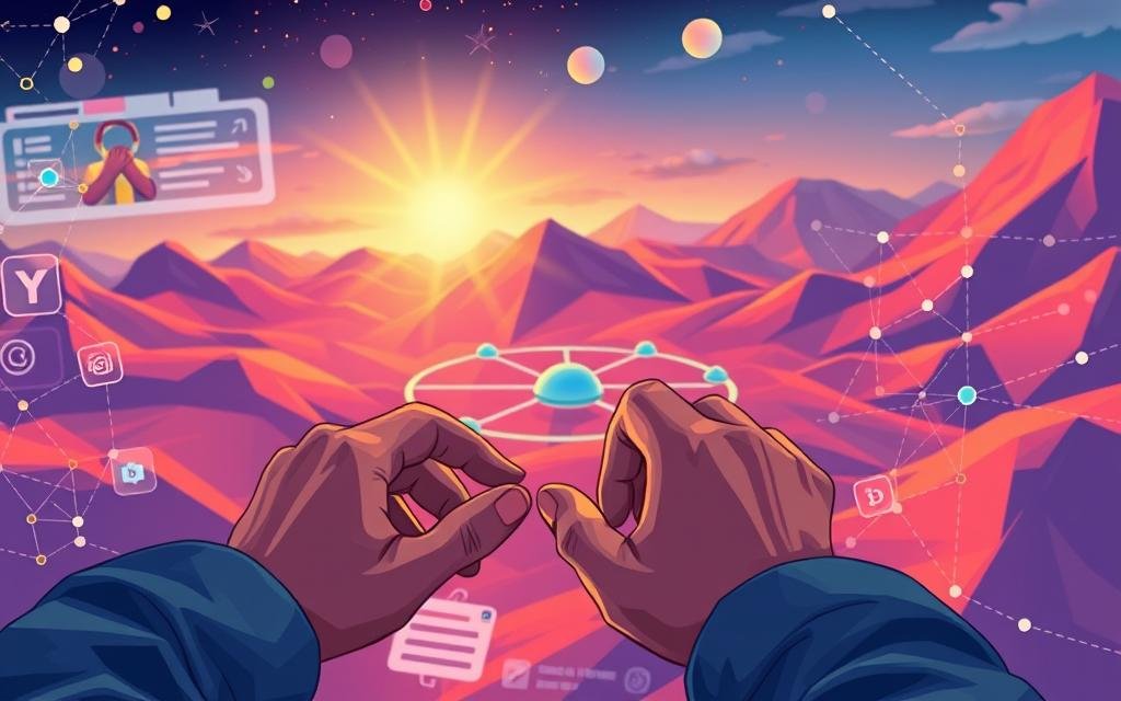 Detailed digital illustration of a decentralized social media network, showcasing user control and self-sovereignty. In the foreground, a user's hands manipulate various interface elements, representing their ability to customize and control their experience. In the middle ground, a visualization of a distributed network with interconnected nodes, symbolizing the decentralized architecture. In the background, a vibrant, abstract landscape of interlocking geometric shapes, conveying the open, transparent, and empowering nature of the decentralized system. The scene is illuminated by a warm, directional light source, casting shadows and creating a sense of depth and dimensionality. The overall mood is one of empowerment, user agency, and the promise of a more democratic and user-centric digital future.