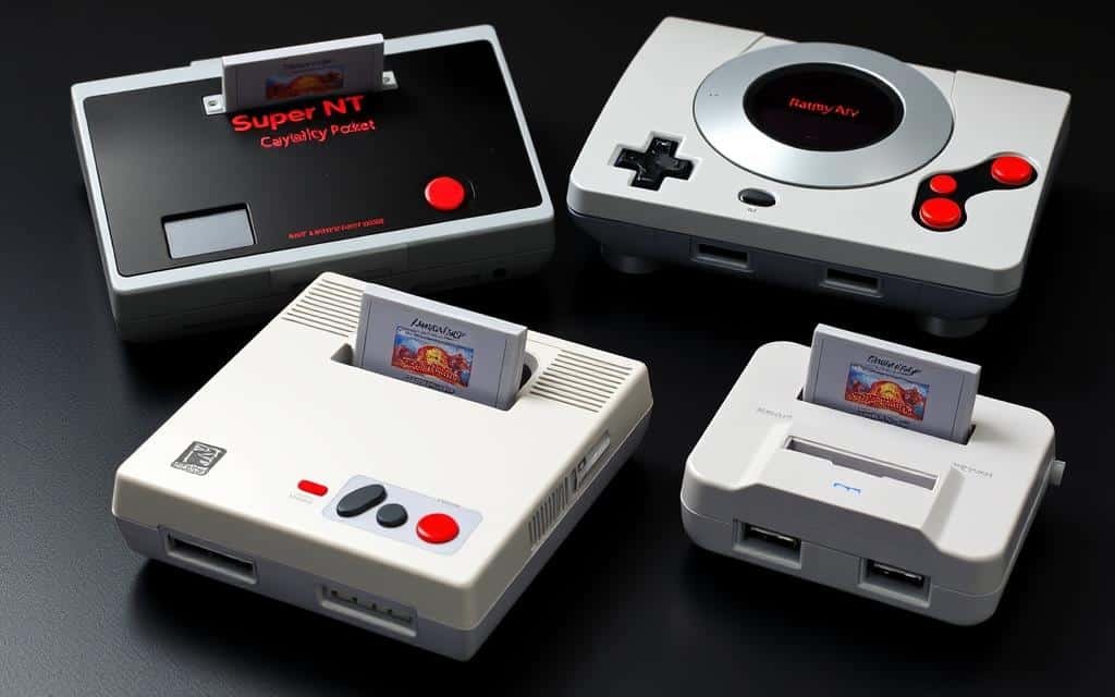 Generate an image of Analogue consoles, including Super Nt, Mega Sg, and Pocket, showcasing their sleek designs and cartridge slots.