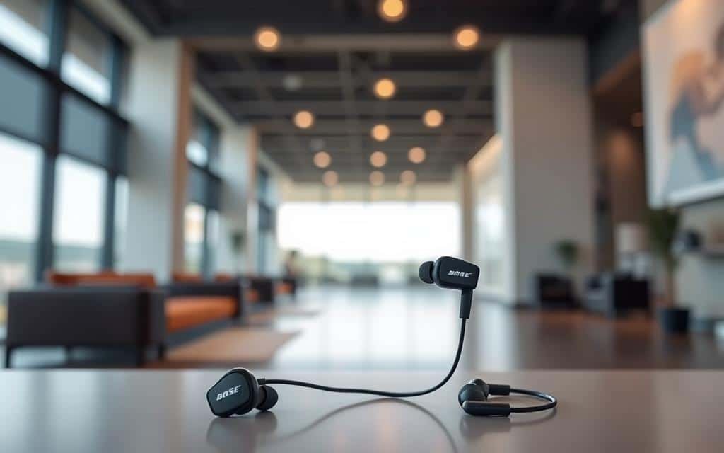 Generate an image of Bose QuietComfort Ultra Earbuds in a sleek, modern setting.