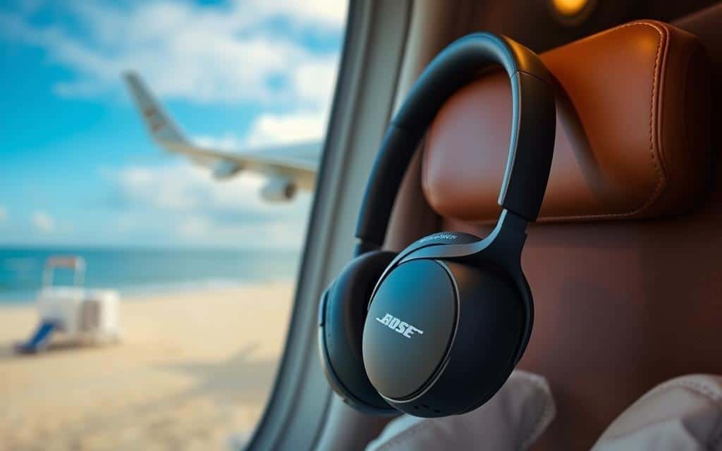Generate an image of Bose QuietComfort Ultra Headphones in a travel setting.