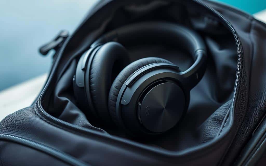 Generate an image of Earfun Wave Pro headphones folded and placed in a travel bag, showcasing their portability.