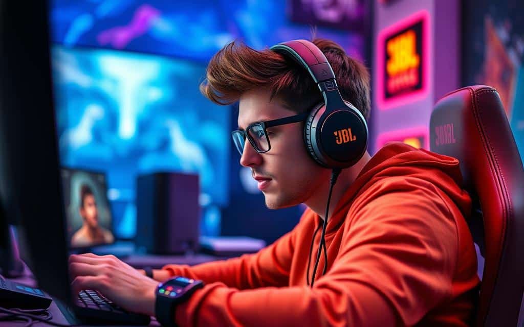 Generate an image of JBL Tour One M3 headphones being used for gaming