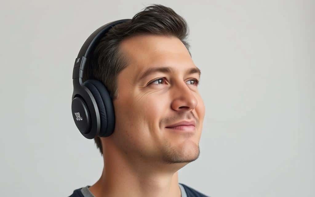 Generate an image of JBL Tour One M3 headphones on a person with a larger head size.