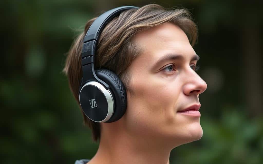 Generate an image of Sennheiser Accentum Plus headphones on a person with a smaller head size.