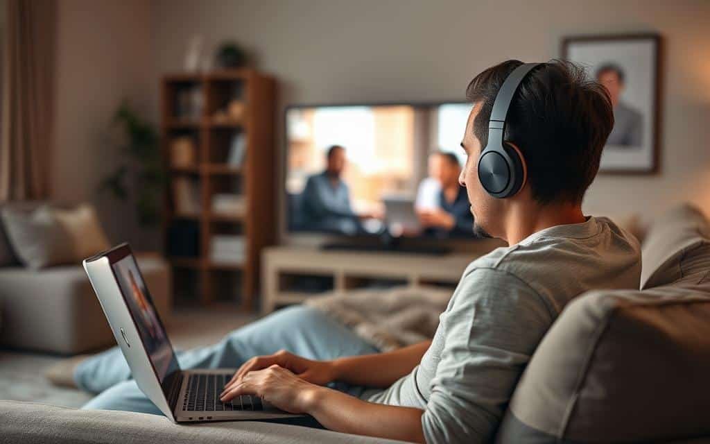 Generate an image of Sonos Ace headphones being used to watch a movie