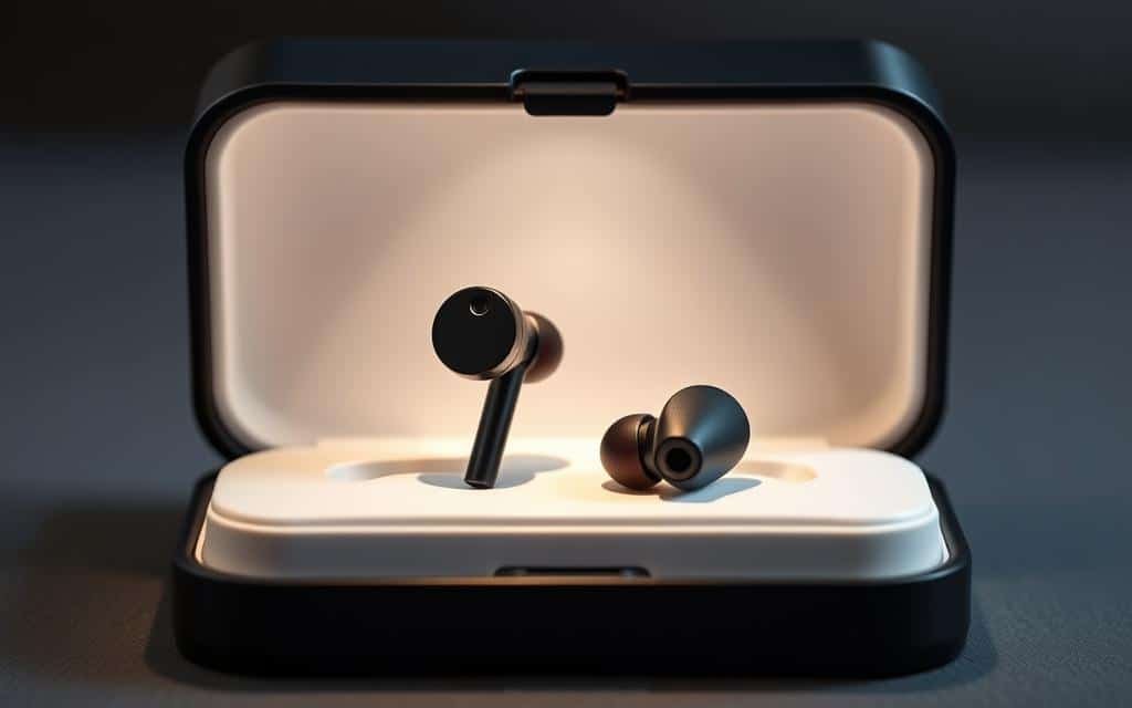 Generate an image of Sony WF-1000XM5 earbuds in a stylish case.
