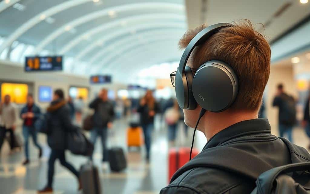 Generate an image of Sony WH-1000XM4 headphones being used at an airport.