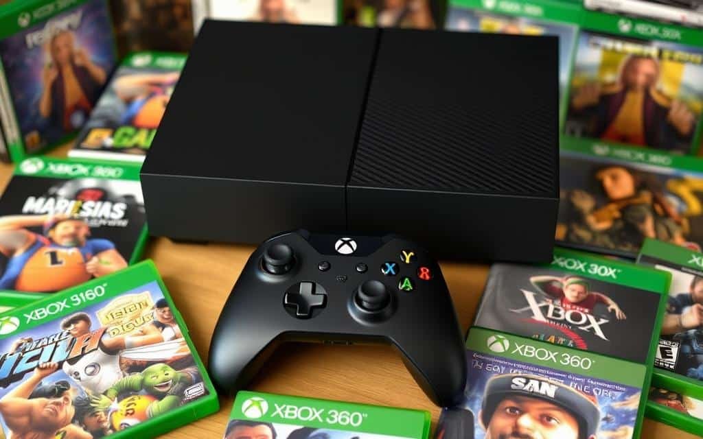 Generate an image of Xbox Series X console with a controller, surrounded by classic Xbox and Xbox 360 games.