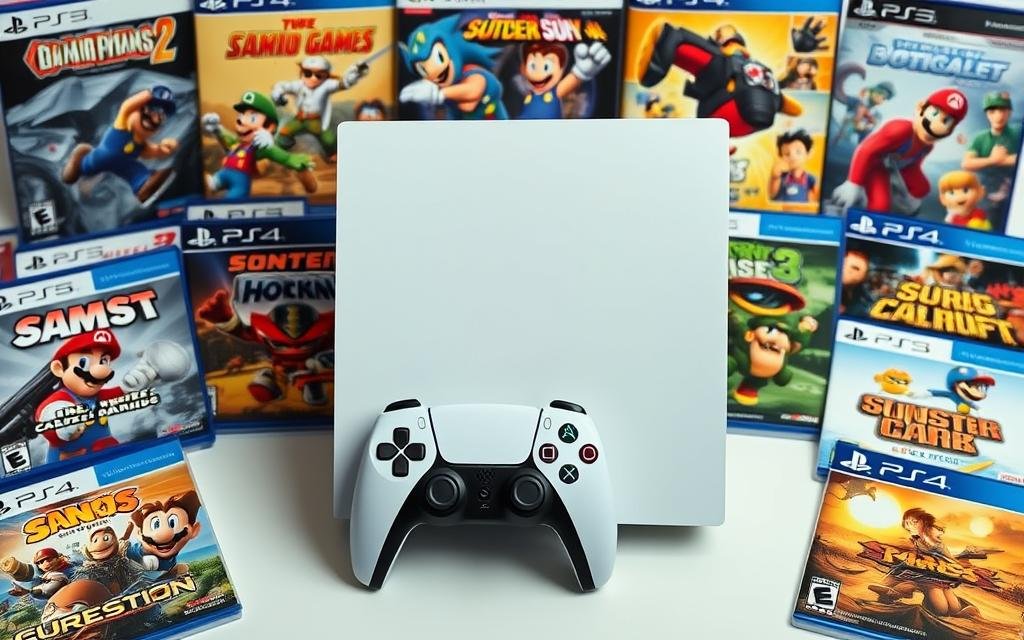 Generate an image of a PS5 console with a controller, surrounded by classic game covers.