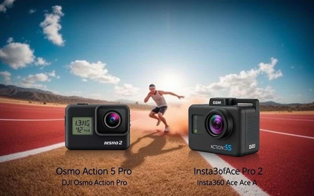 Generate an image of a person holding various action cameras, including the DJI Osmo Action 5 Pro and Insta360 Ace Pro 2, in a sports setting.