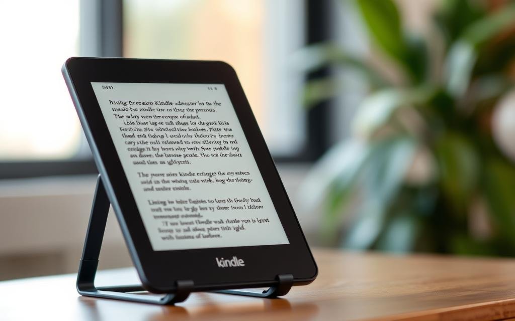 Generate an image of a popular e-reader model like Amazon Kindle.