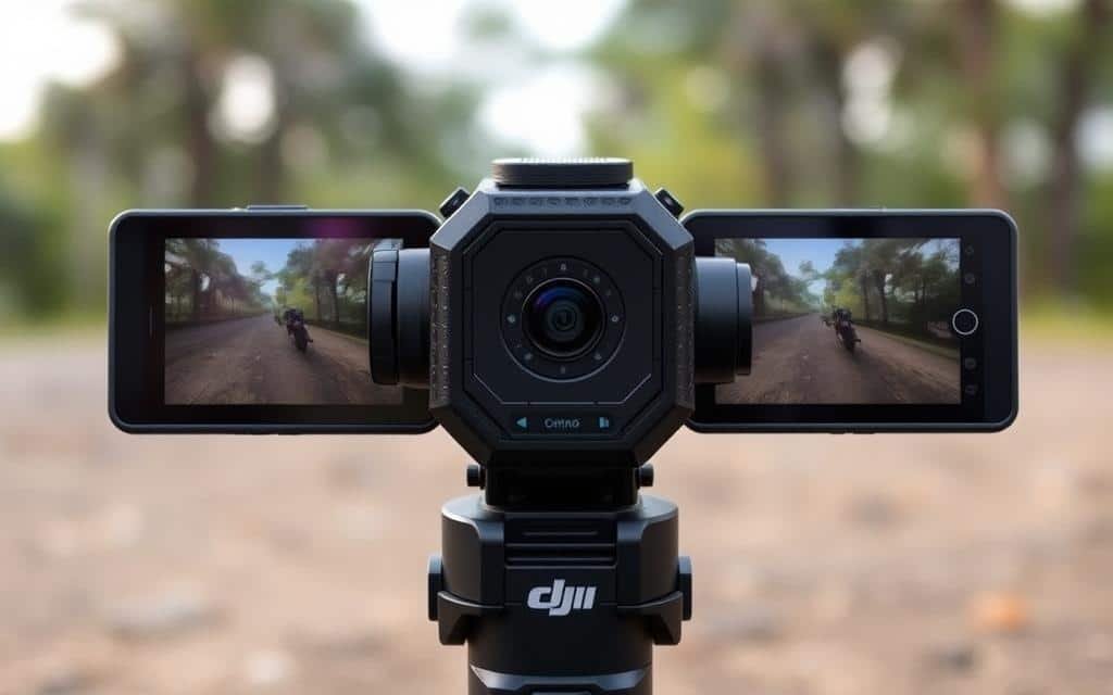 Generate an image of the DJI Osmo Action5 Pro camera with its dual screens facing forward and backward, showcasing its rugged design.